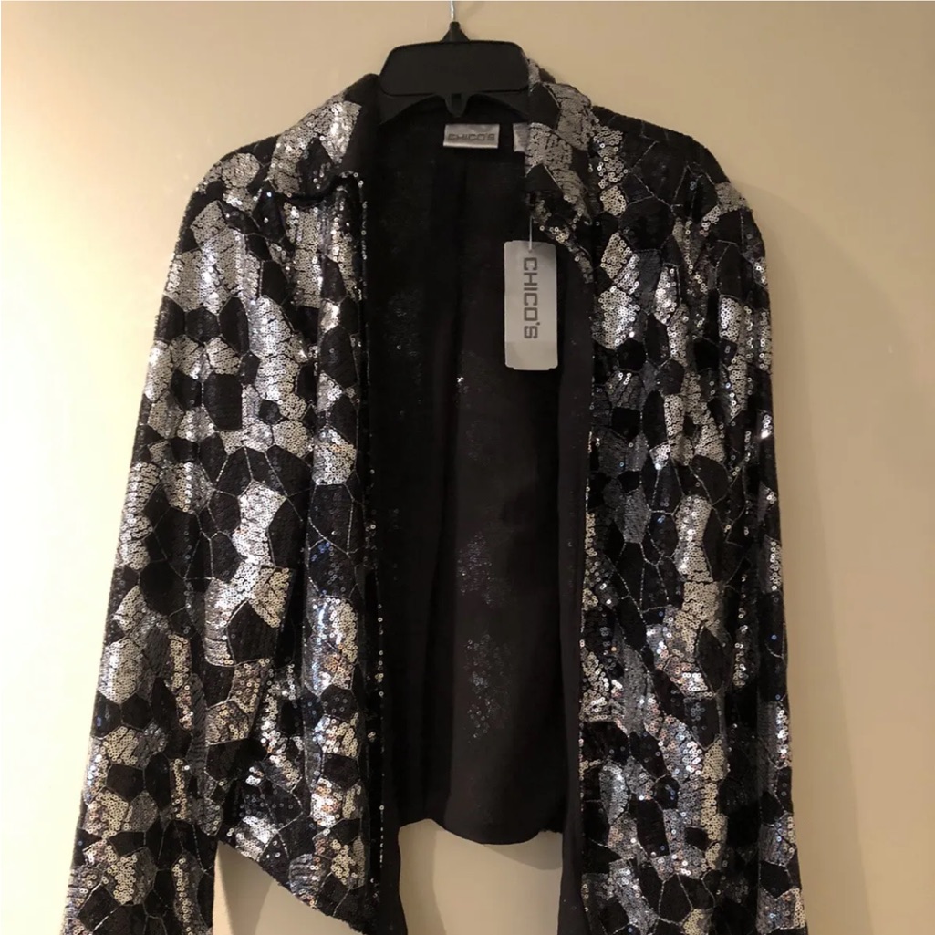 Chicos Brand Sparkly Twilight Dazzle Tropez Jacket Black Sequins With Tie